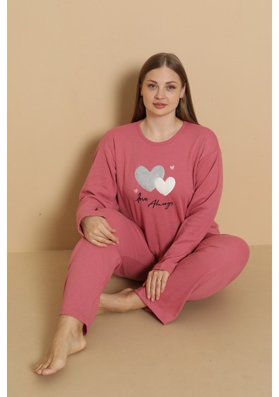 Wordex Fawn 1110 İnterlok Büyük Beden Kalpli Kışlık Ev Kadın Pijama Takımı Gül Kurusu Wordex Fawn 1110 İnterlok Büyük Beden Kalpli Kışlık Ev Kadın Pijama Takımı Gül Kurusu