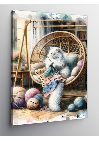 Kanvas Tablo Örgü Yapan Beyaz Kedi Ve İplikler 70cmx100cm