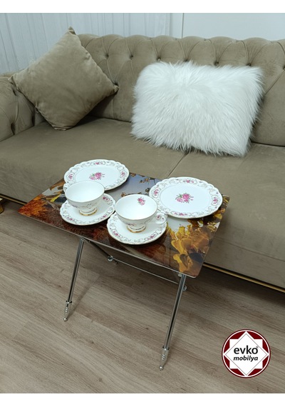 Evko Mobilya Çanta Zigon Sehpa, 4'lü Sehpa, Zigon Sehpa, Servis Sehpası, Camlı Sehpa, Katlanır Sehpa Yeni Kapadokyaa Açık Kahverengi