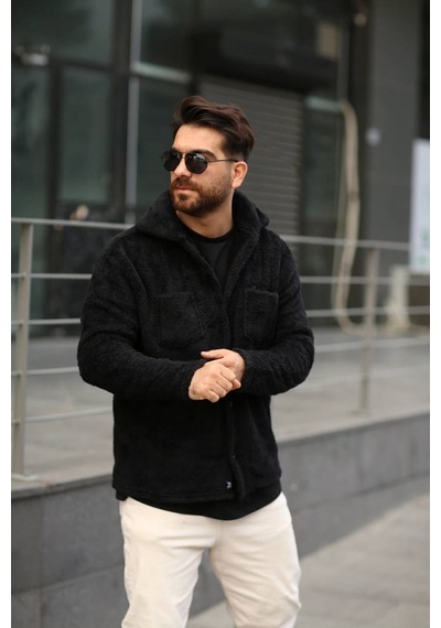 Sr Tekstil Pelüş Ceket Unisex Normal Kalıp Cep Detaylı Siyah