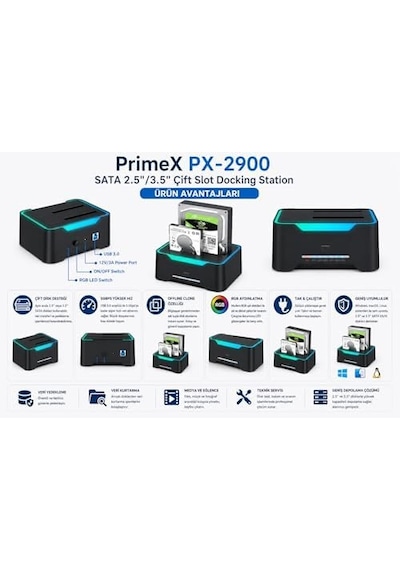 Px-2900 Sata 2.5/3.5 İnç Hdd Ssd Docking Station, Usb 3.0 Çift Slot Harici Disk Okuyucu, Rgb Işıklı Offline Clone Klonlama Özellikli Sata Disk Kopyalama Ve Veri Aktarım İstasyonu Px-2900 Sata 2.5/3.5 İnç Hdd Ssd Docking Station, Usb 3.0 Çift Slot Harici Disk Okuyucu, Rgb Işıklı Offline Clone Klonlama Özellikli Sata Disk Kopyalama Ve Veri Aktarım İstasyonu