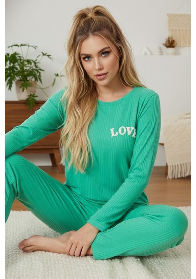 Siyah İnci Love Nakışlı Fitilli Örme Pijama Takım25226001 Yeşil