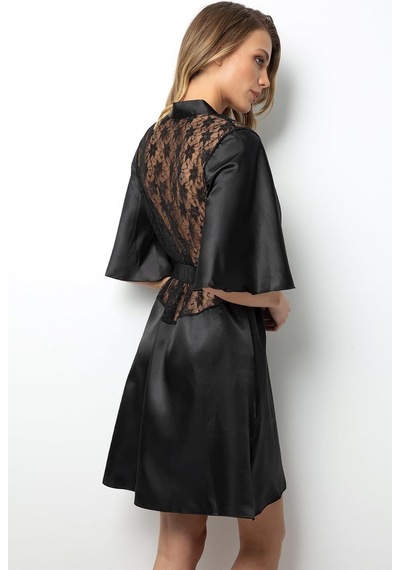 Sırtı Dantelli Saten Sabahlık,90380 Rollback Altın - Siyah