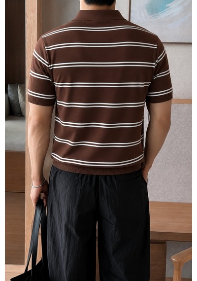 Tarz Cool Erkek Çizgili Polo Yaka Viskon Triko Tişört Slim Fit Yazlık Şık Triko Polo Kahverengi