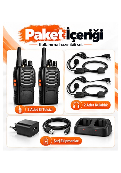 16 Kanallı El Telsizi 2 Li Set 1500 Mah Şarjlı Batarya Uhf 400 470 Mhz Led El Fenerli