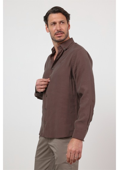İmza Kahverengi Düğmeli Yaka Uzun Kol Cepsiz Slim Fit Modal Gömlek 1004260162