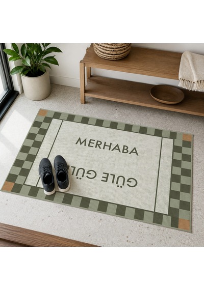 Kartela Halı Merhaba Güle Güle Damalı Kapı Paspası Adaçayı Yeşili Kaymaz Kauçuk Taban 50x75 Cm