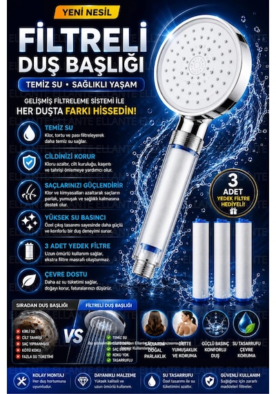Yeni Nesil 5 Fonksiyonlu Filtreli Duş Başlığı Yüksek Basınç & Su Tasarruflu Geniş Başlık Çok Renkli
