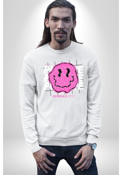 Positive Enerji Emoji Gülen Surat Unisex Beyaz Sweatshirt Beyaz