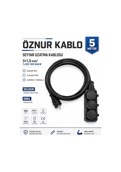 Öznur Kablo Seyyar Uzatma Kablosu 5 Metre Ttr 3x1,5 Mm %100 Tam Bakır Kablo Seldur 3'lü Kauçuk Grup Priz Orel Kauçuk Fiş Ip54 Ip44 5 M