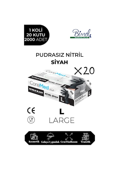 Nitril Siyah Pudrasız Muayene Eldiveni L - 1 Koli-20 Paket-2000'li