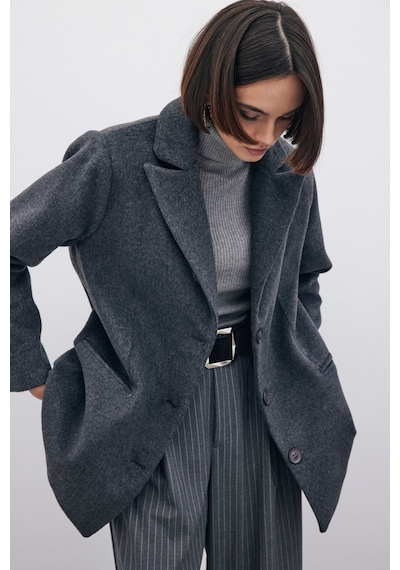 Sateen Düğmeli Kaşe Kaban - Siyah-135249 Siyah