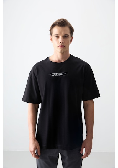 Air Jones Tommy Life Siyah %100 Pamuk Kalın Yumuşak Dokulu Oversize Fit Baskılı Erkek T-shirt - 88356 Siyah