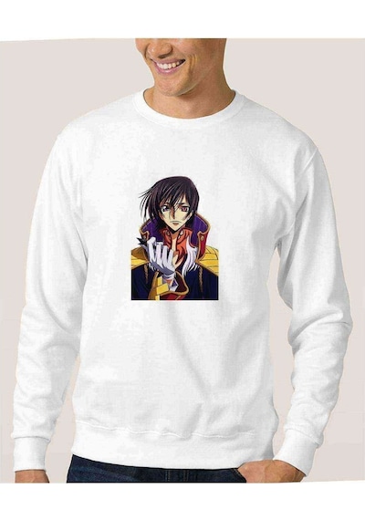 Anime One Baskılı Beyaz Erkek Örme Sweatshirt