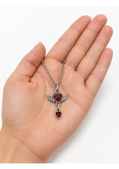Kırmızı Kalp Kanatlı Gotik Kolye Gümüş Renk Zincir Unisex Çok renkli