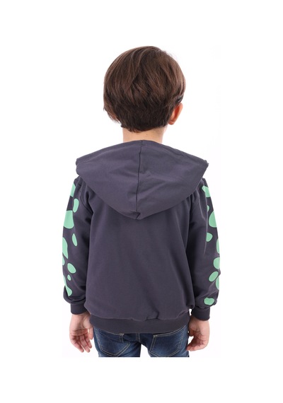 Toontoy Kids Toontoy Erkek Çocuk Kapüşonlu Fermuarlı Baskılı Örme Hırka - 2 İplik Füme