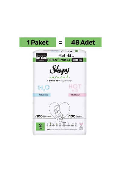 Sleepy Natural Double Soft Ultra Paket Bebek Bezi 2 Numara Mini 48 Adet