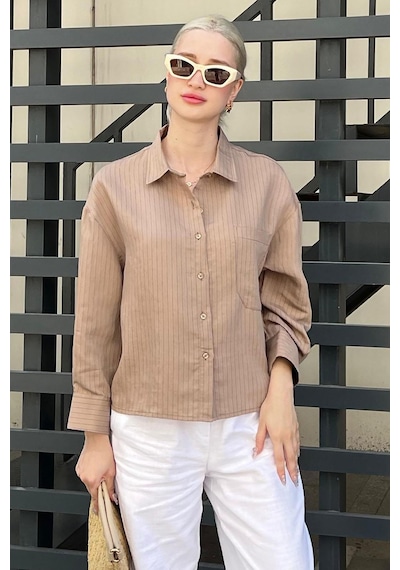 Madmext Camel Çizgili Oversize Kadın Gömlek Mg2093-camel Camel