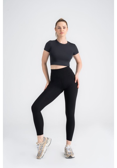 Kadın Antrasit Crop T-shirt Kısa Kollu, Bisiklet Yaka, Tüylenme Siyah