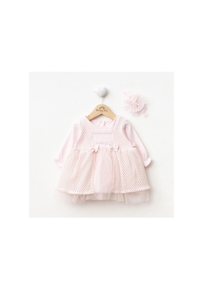 Ürünya Kız Bebek Uzun Kollu Aksesuarlı Dantelli Tüllü Elbise Pembe