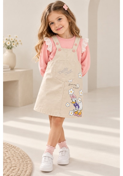 Nota Kids Kız Çocuk Çiçek Baskılı Gabardin Jile Elbise Takımı Dantel Detaylı Sweatshirtlü 2'li Takım Krem