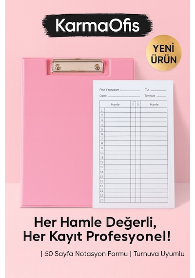 Satranç Notasyonlu Sekreterlik Seti 17x24 Cm 50 Sayfa Hamle Kayıt Formu Pembe