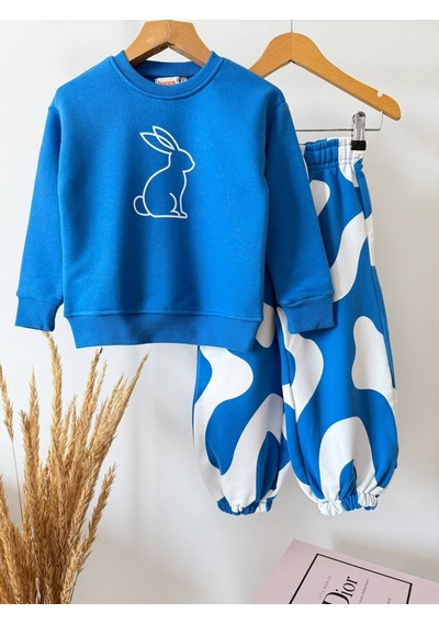 Tavşan Baskılı Mavi Sweatshirt Desenli Eşofman Kız & Erkek Çocuk 3ip Alt Üst Takım