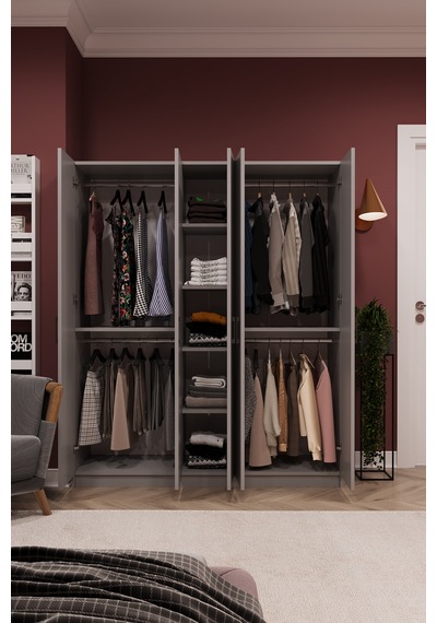 Asra Trend 5 Kapaklı Gardırop G-09 %100 MDF Çift Katlı Askılı Elbise Dolabı Kül Gri
