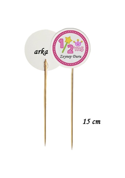 15 Cm Uzun Kürdan - 20 Adet Kişiye Özel Pembe Half Birthday Baskılı Pasta Kürdanı