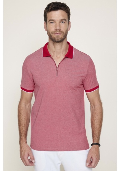 Tudors Erkek Slim Fit Dar Kesim Pamuklu Fermuarlı Bordo Polo Yaka Tişört-27587-Bordo