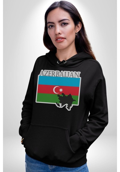 Azerbeycan Bayrak Ülke Kadın Erkek Siyah Kapüşonlu Sweatshirt Hoodie Siyah