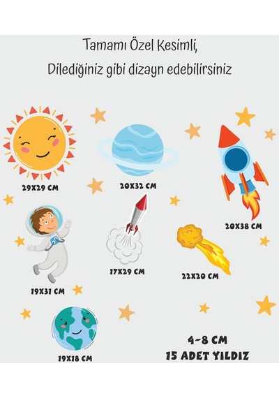 MSticker Sevimli Astronot, Uzay Mekiği, Güneş, Yıldızlar Gezegen Sticker Seti Çocuk Bebek Odası