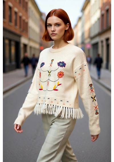 Ersefa Fashion Forward Kadın Nakışlı Düşük Kollu Bisiklet Yaka Super Cro Ekru