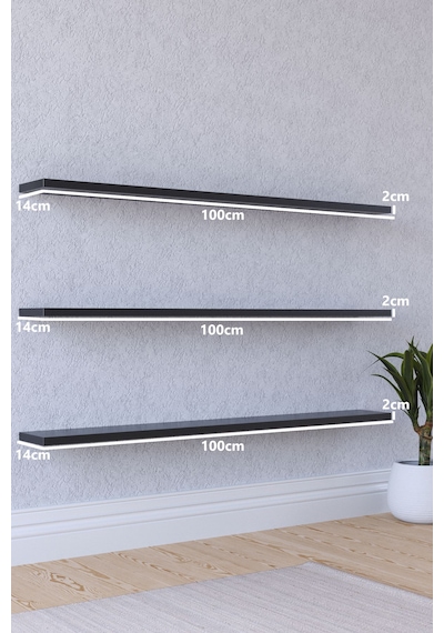 Yankı-BYEG 100 cm 3lü Mat Siyah Mdf Duvar Rafı Gizli Bağlantı Kitaplık