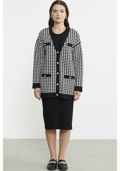 Kazayağı Motif Oversize Triko Ceket - Siyah 001