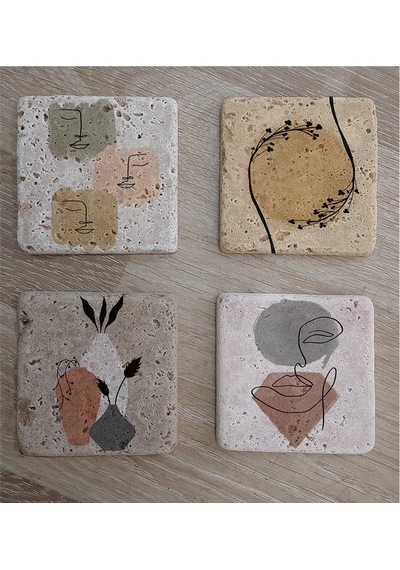 Line Art Obje Bitki Surat Doğal Taş Bardak Altlığı 4'lü Set - Natural Stone Coasters - Taş Çok Renkli