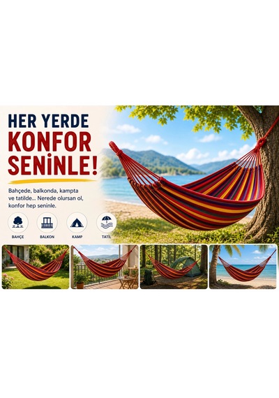 Çift Kişilik Hamak 260x150 Cm Kolay Kurulabilir Bahçe Balkon Kamp Salıncak Hamak Çantalı Çok Renkli