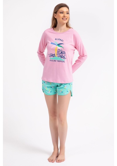 Rolypoly Feeling Tropical Pembe Kadın Uzun Kol Şort Takım 5274-29454 Pembe