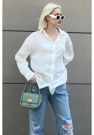 Madmext Beyaz Uzun Kollu Çizgili Oversize Gömlek Mg2080-beyaz Beyaz