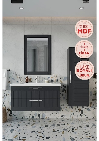 Erguvan Gümüş Kulp Antrasit 100 Cm %100 Mdf Lavabolu Banyo Dolabı Ayna Lavabo Boy Dolabı Antrasit Erguvan Gümüş Kulp Antrasit 100 Cm %100 Mdf Lavabolu Banyo Dolabı Ayna Lavabo Boy Dolabı Antrasit