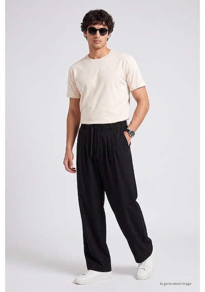 TOMMYLIFE Siyah Pileli Dokuma Palazzo Erkek Pantolon - 82201