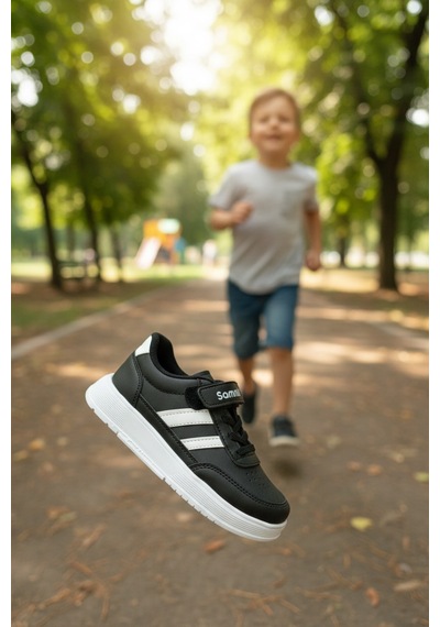 Enoch Unisex Çocuk Spor Ayakkabı Cırtlı Ve Bağcıklı Sportif Model SİYAH-BEYAZ