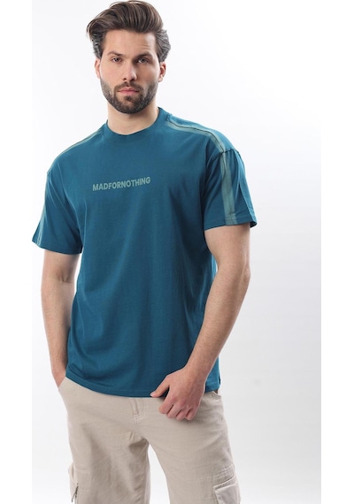 Madmext Petrol Mavisi Bisiklet Yaka Baskılı Erkek T-shirt E7110 Petrol Mavisi
