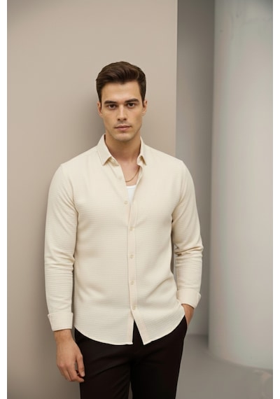 Bürke Keten Dokulu Krem/Bej Yarım Oversize Yazlık Erkek Gömlek