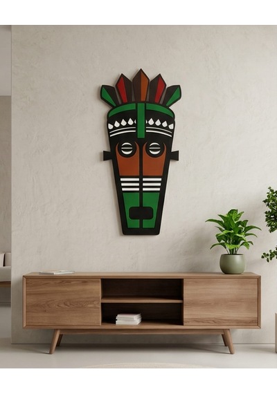 Afrika Tribal Ahşap Duvar Mask Mdf - Siyah Yeşil Kırmızı Klasik Kabile Maskı 1