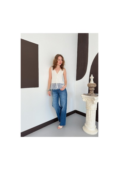 Verymoda V Yaka Dantel Detaylı Triko Bluz S1009003 Krem