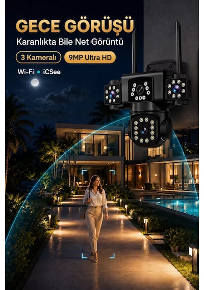 İcsee 9002 9mp 3 Lens Wifi Güvenlik Kamerası, Motorlu Gece Görüşlü Dış Mekan Kamera, 32gb Kart Ve Adaptör