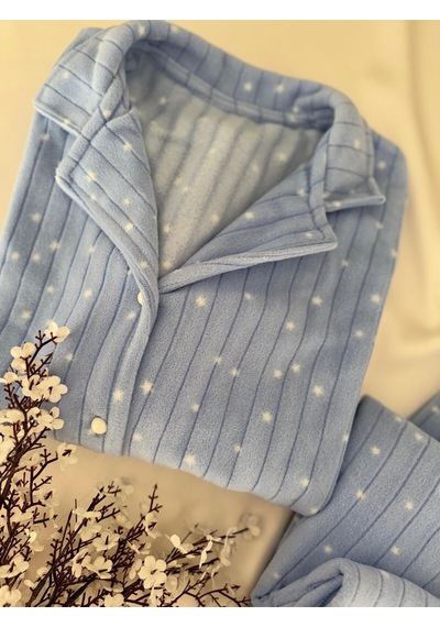 Mh Moony Homewears Ron Mavi Üzerine Yıldız Polar Yumuşacık Termal Pijama Takımı Mavi