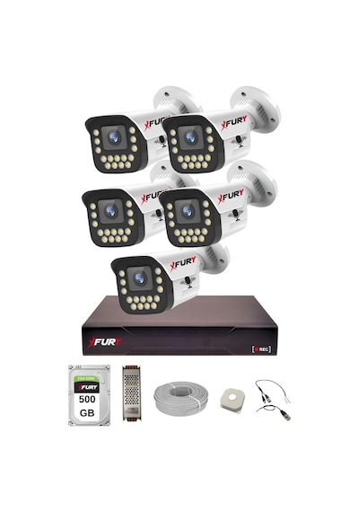 Fury 5 Li Sesli 15 Warm Led Gece Renkli Görüş Su Geçirmez Güvenlik Kamerası Seti 500gb