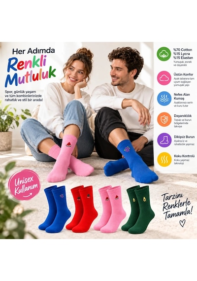 COJans Unisex Çorap Beyaz Nakışlı 3'lü Set Pizza Hotdog Hamburger Desenli Uzun Soket Günlük Spor Çorap Seti Çok Renkli